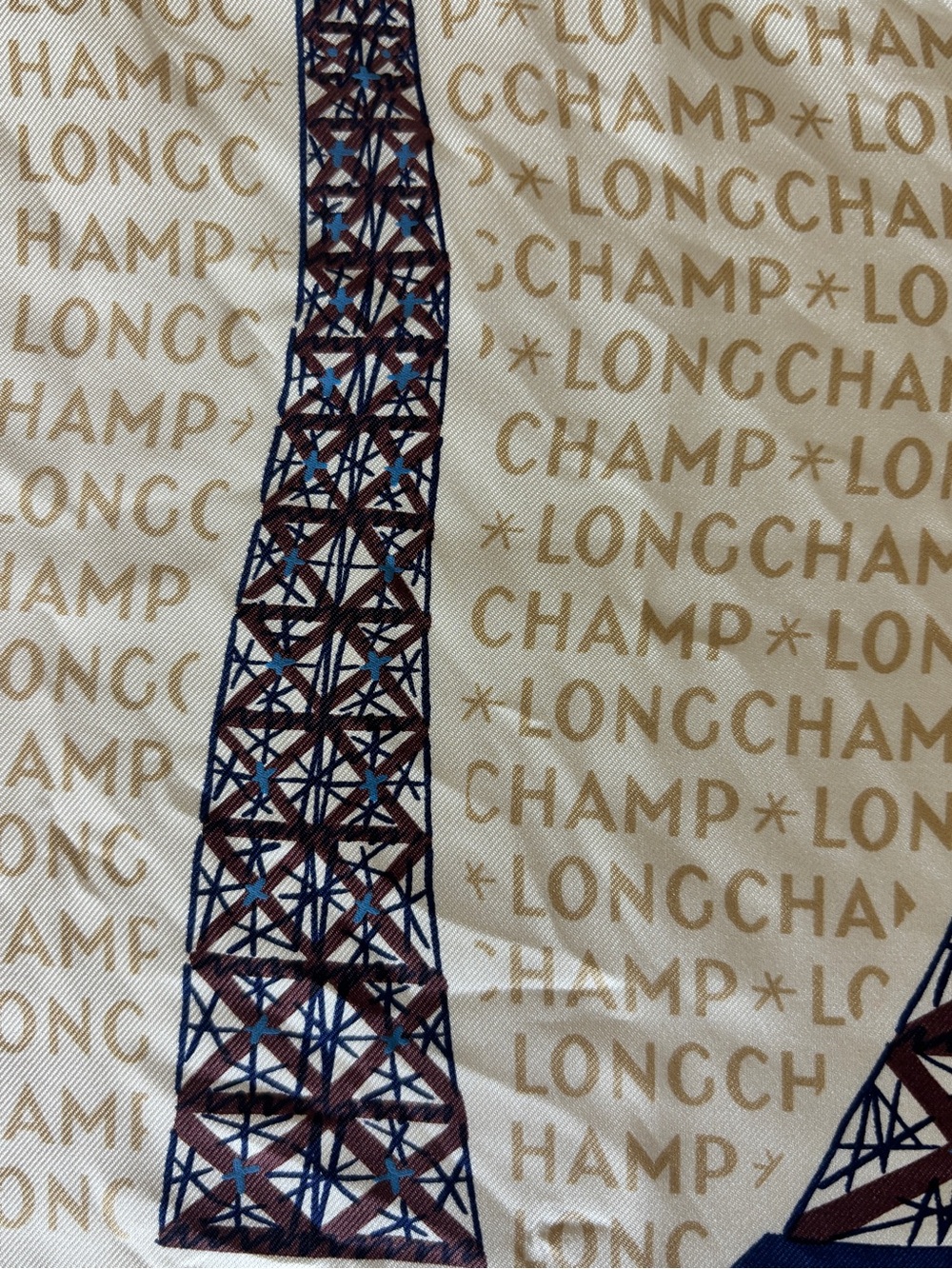 Longchamp Paris Gavroche 100% Silk Brown & Cream Eiffel Tower Print Scarf - Picture 4 of 7